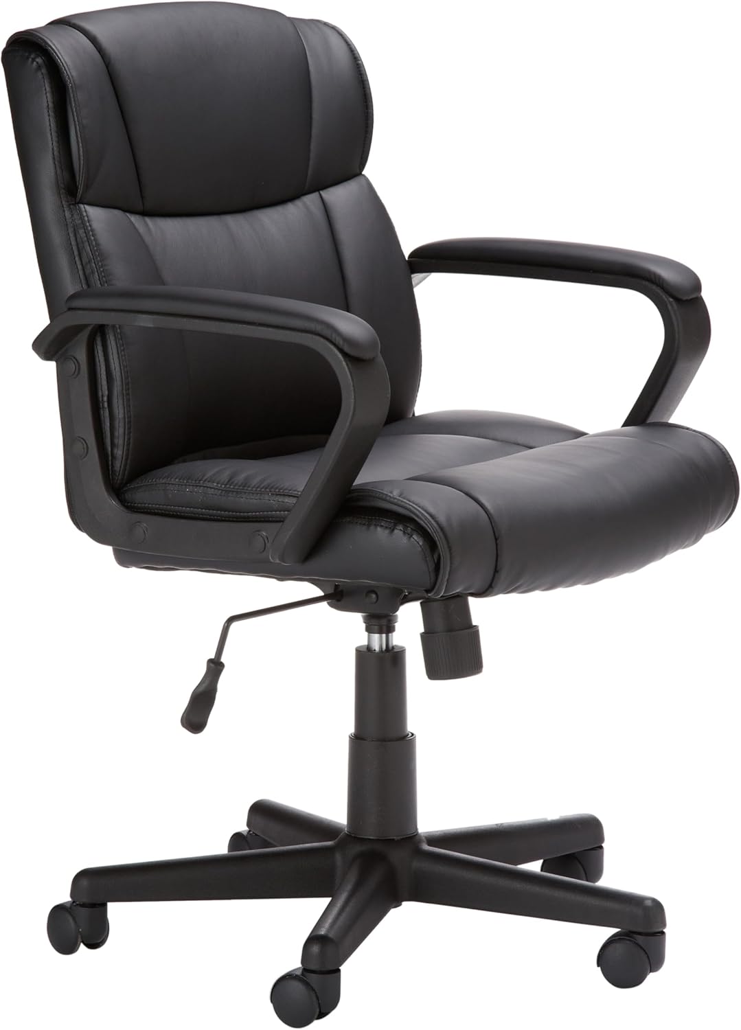 Amazon-Basics-Office-Computer-Task-Desk-Chair-with-Padded-Armrests-Mid-Back-Adjustable-360-Swivel-Rolling-275-Pound-Capacity-24.2D-x-24W-x-34.8H-Black-Faux-Leather.jpg Amazon Basics Office Computer Task Desk Chair with Padded Armrests, Mid-Back, Adjustable, 360 Swivel, Rolling, 275 Pound Capacity, 24.2"D x 24"W x 34.8"H, Black Faux Leather - Image 2
