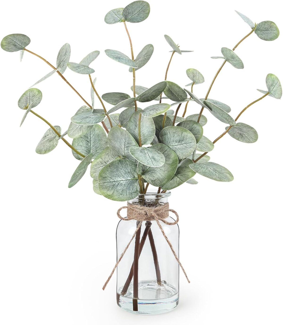 Artificial Eucalyptus Stems in Glass Vase with Faux Water, 13.5” Fake Plants for Home Decor, Coffee Table Centerpieces, Office, Bathroom & Farmhouse Weddings - Faux Greenery Plants Decorations - Image 2