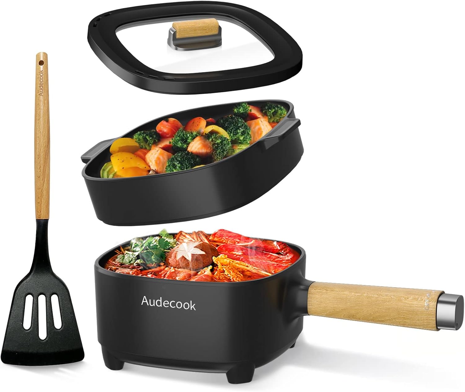 Audecook-Hot-Pot-Electric-2L-Cermic-Glaze-Non-Stick-Frying-Pan-8-Inch-Portable-Travel-Cooker-for-RamenSteakFried-RiceOatmealSoup-with-Dual-Power-Control-Silicone-Spatula-Included.jpg Audecook Hot Pot Electric 2L, Cermic Glaze Non-Stick Frying Pan 8 Inch, Portable Travel Cooker for Ramen/Steak/Fried Rice/Oatmeal/Soup, with Dual Power Control (Silicone Spatula Included) - Image 2
