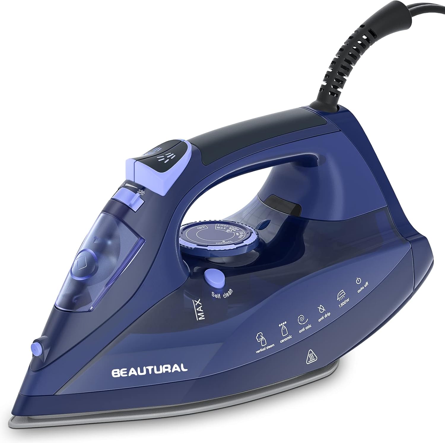 BEAUTURAL-Steam-Iron-for-Clothes-with-Precision-Thermostat-Dial-Ceramic-Coated-Soleplate-3-Way-Auto-Off-Self-Cleaning-Anti-Calcium-Anti-Drip-Blue.jpg BEAUTURAL Steam Iron for Clothes with Precision Thermostat Dial, Ceramic Coated Soleplate, 3-Way Auto-Off, Self-Cleaning, Anti-Calcium, Anti-Drip Blue - Image 2