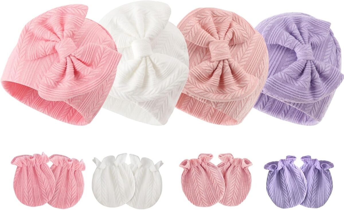 BQUBO Newborn Baby Hats Mittens Set Hospital Hat Beanie Infant Bow Hats Baby Gloves No Scratch Mittens for 0-6 Months - Image 2