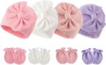 BQUBO Newborn Baby Hats Mittens Set Hospital Hat Beanie Infant Bow Hats Baby Gloves No Scratch Mittens for 0-6 Months - Image 2