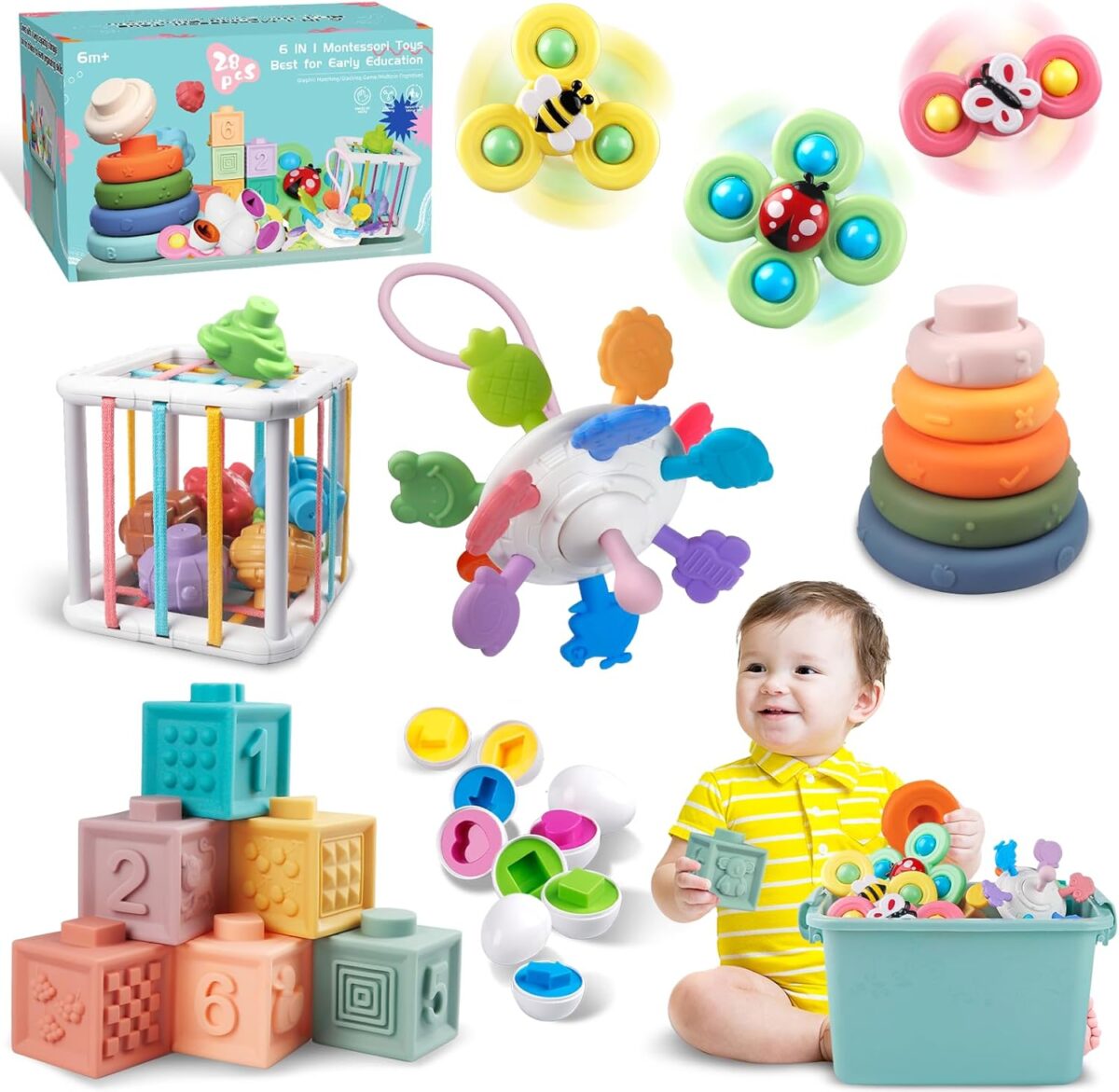 Baby Toys for 6 to 12 Months, Montessori Sensory Bins & Teething Toys, 6 in 1 Stacking Blocks, Rings, Eggs, Spinner, Crab Shape, 27 Pieces, Ages 6-36 Months - Image 2
