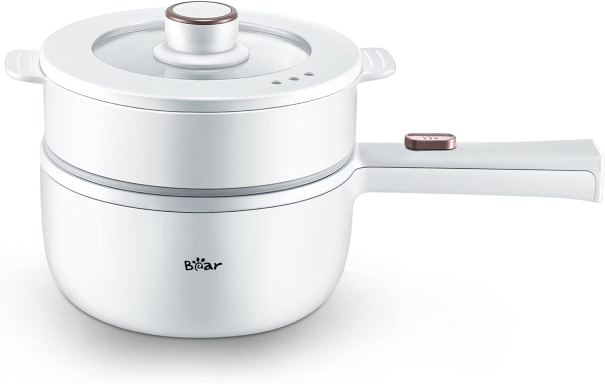 Bear Hot Pot Electric with Steamer, 1.6L Rapid Noodles Cooker, Mini Pot, Non-Stick Frying Pan for Steak, Ramen, Egg, Oatmeal, Soup with Power Adjustable - Image 2