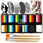 Bowitzki Face Paint Kit Professional Split Cake Face Painting Set For Kids Adults 12x10 gm with Stencil One Stroke Non Toxic Rainbow Flora Dolphin Unicorn Flame Body Paint Halloween Christmas Makeup - Image 2