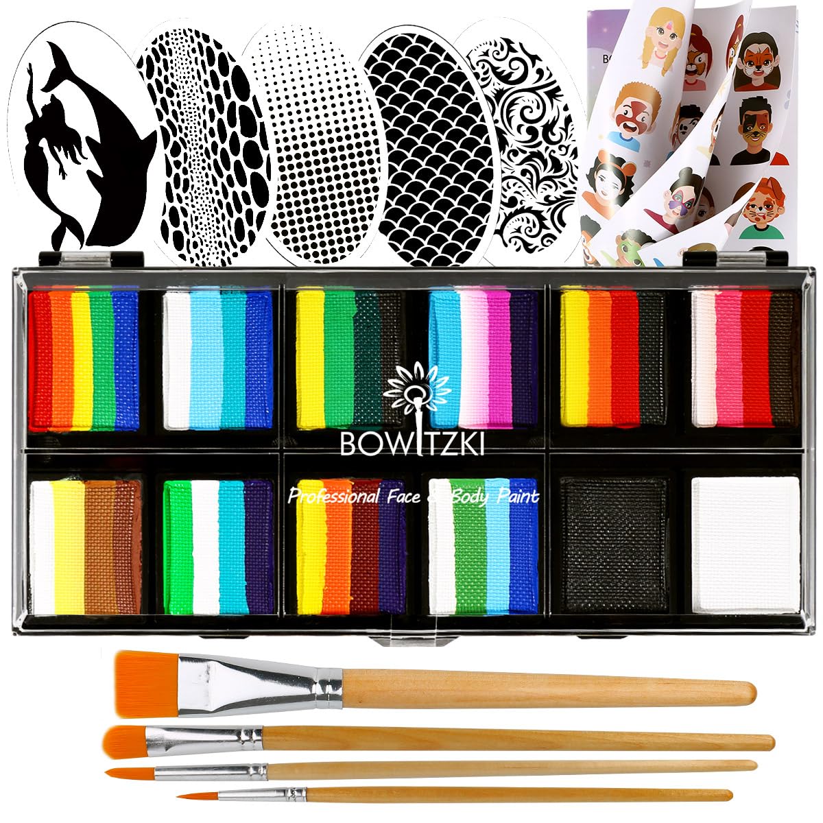 Bowitzki-Face-Paint-Kit-Professional-Split-Cake-Face-Painting-Set-For-Kids-Adults-12x10-gm-with-Stencil-One-Stroke-Non-Toxic-Rainbow-Flora-Dolphin-Unicorn-Flame-Body-Paint-Halloween-Christmas-Makeup.jpg Bowitzki Face Paint Kit Professional Split Cake Face Painting Set For Kids Adults 12x10 gm with Stencil One Stroke Non Toxic Rainbow Flora Dolphin Unicorn Flame Body Paint Halloween Christmas Makeup - Image 2