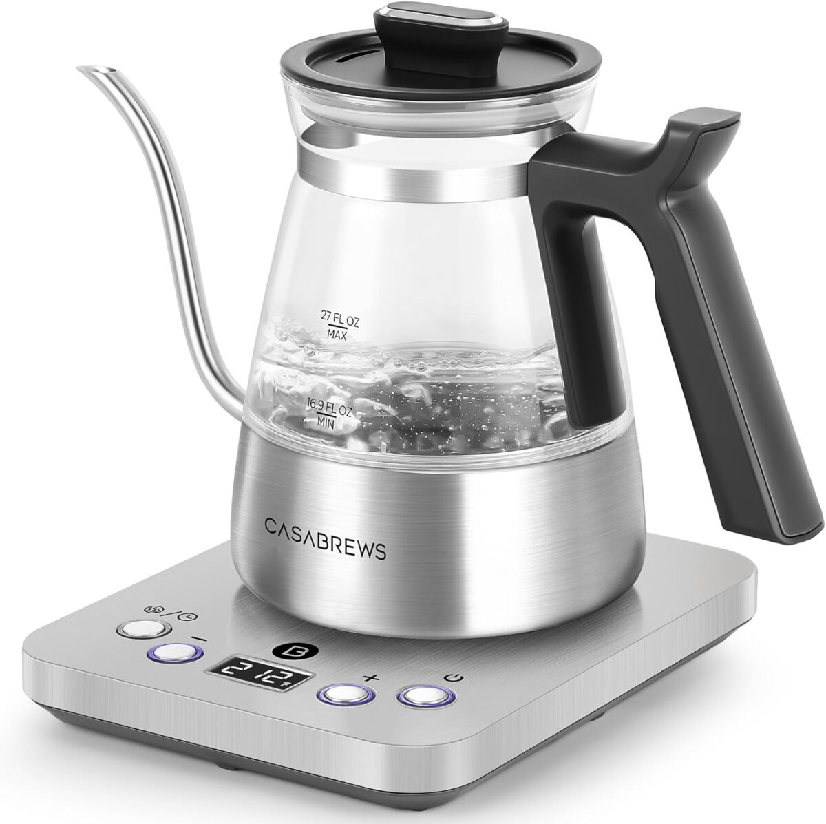 CASABREWS KEG5831 Gooseneck Electric Kettle, Stainless Steel Glass with Temperature Control & Reservation Time Function, Pour Over Kettle for Coffee & Tea, Fast Boiling, Auto Shut-Off, 1200W/0.8L - Image 2