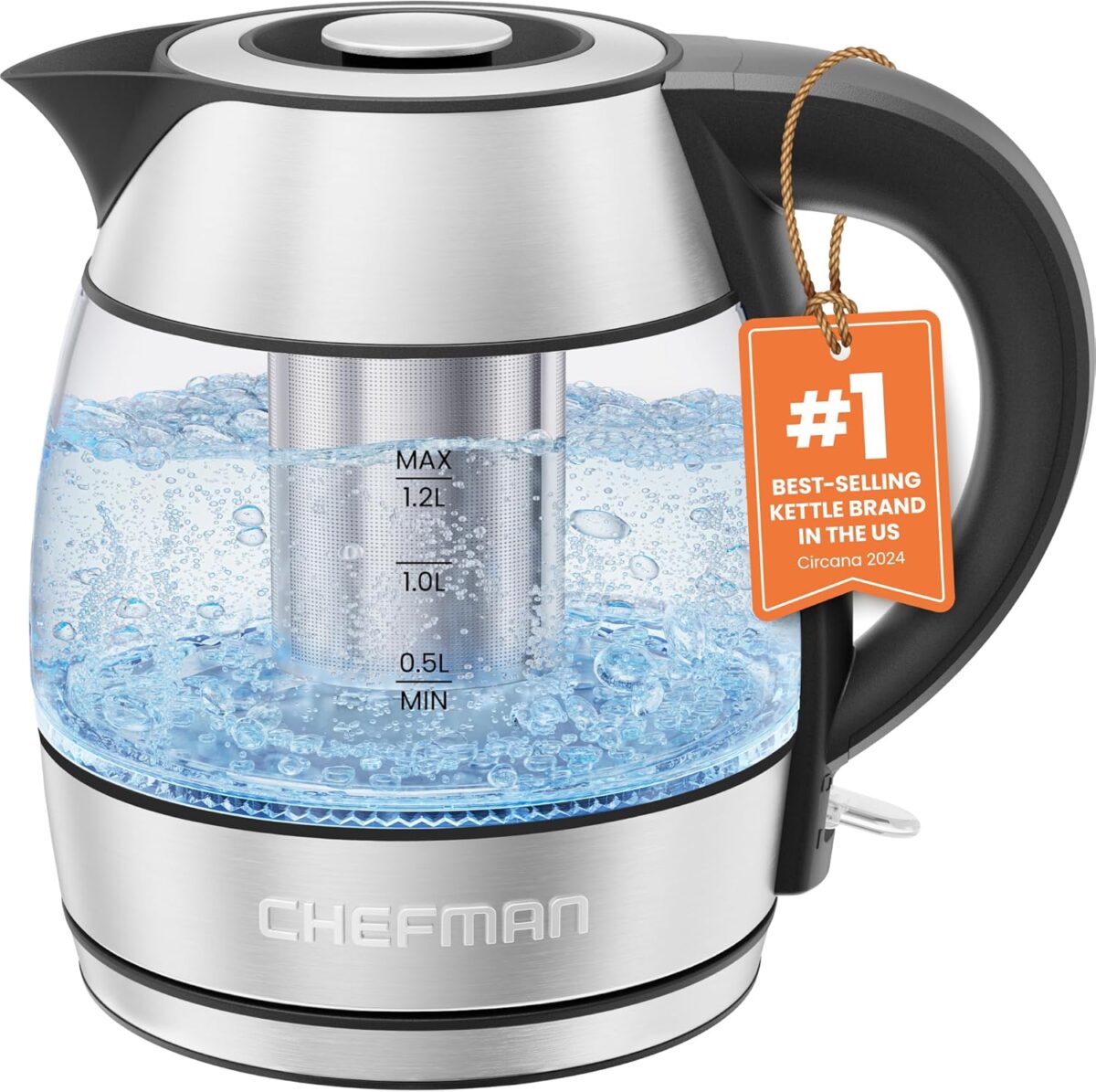 CHEFMAN Electric Kettle - 1.2L 1500W Hot Water Tea Pot with Infuser, BPA Free, Auto Shut Off, Boil-Dry Protection, Removable Lid, LED Light, Cordless Glass Electric Tea Kettle – Stainless Steel - Image 2
