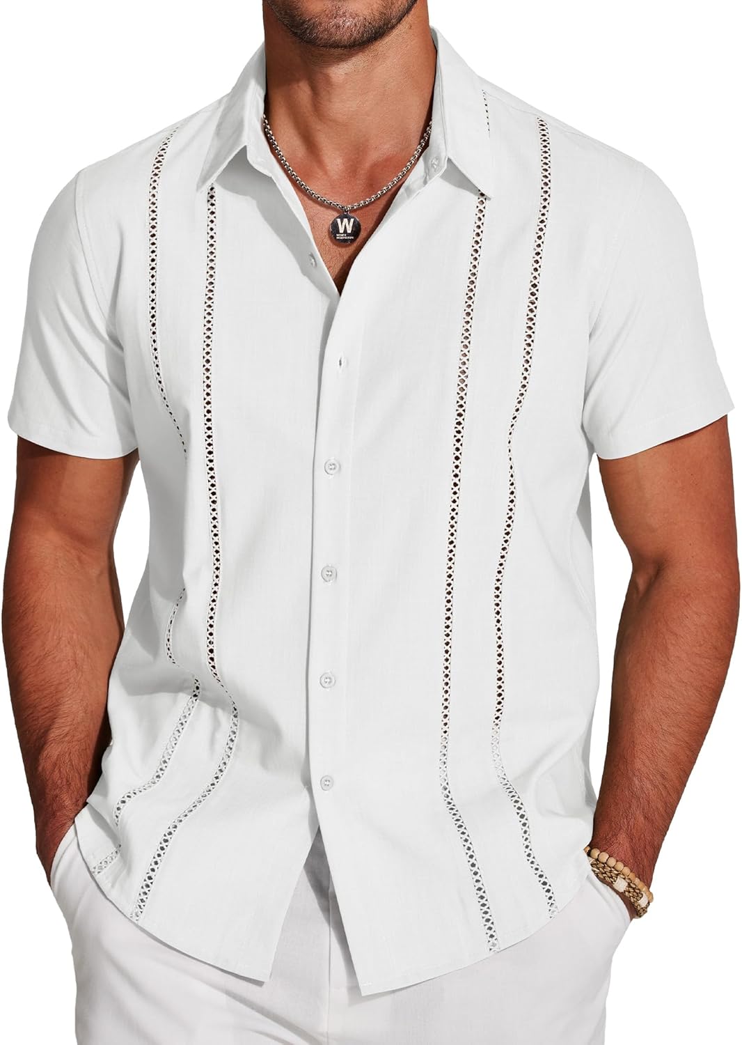 COOFANDY-Mens-Cuban-Guayabera-Shirt-Short-Sleeve-Button-Down-Shirts-Casual-Summer-Beach-Linen-Shirts.jpg COOFANDY Men's Cuban Guayabera Shirt Short Sleeve Button Down Shirts Casual Summer Beach Linen Shirts - Image 2