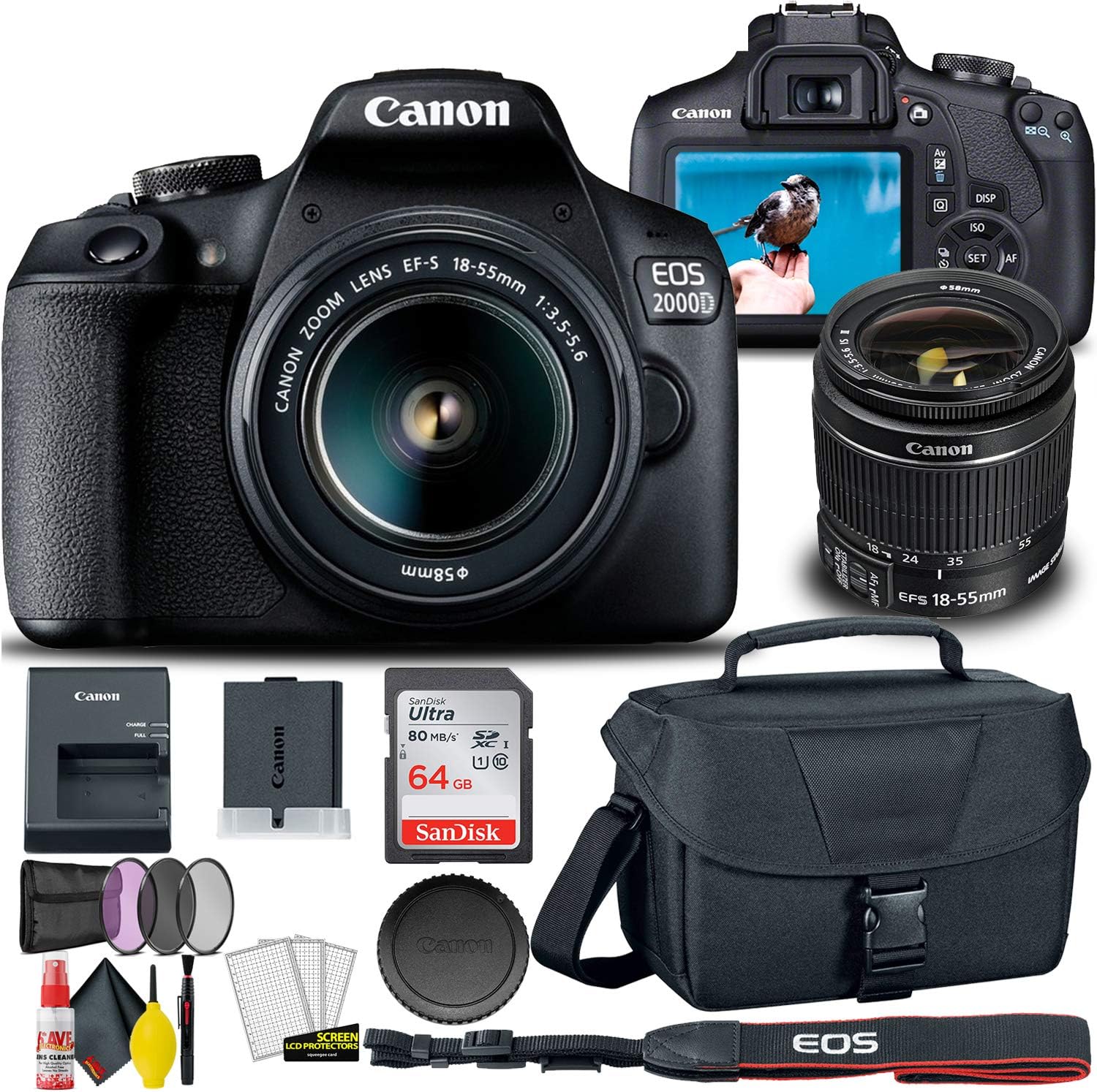Canon-EOS-2000D-Rebel-T7-DSLR-Camera-with-18-55mm-Lens-Creative-Filter-Set-EOS-Camera-Bag-Sandisk-Ultra-64GB-Card-Electronics-Cleaning-Set-and-More-International-Model-Renewed.jpg Canon EOS 2000D / Rebel T7 DSLR Camera with 18-55mm Lens + Creative Filter Set, EOS Camera Bag + Sandisk Ultra 64GB Card + Electronics Cleaning Set, and More (International Model) (Renewed) - Image 2
