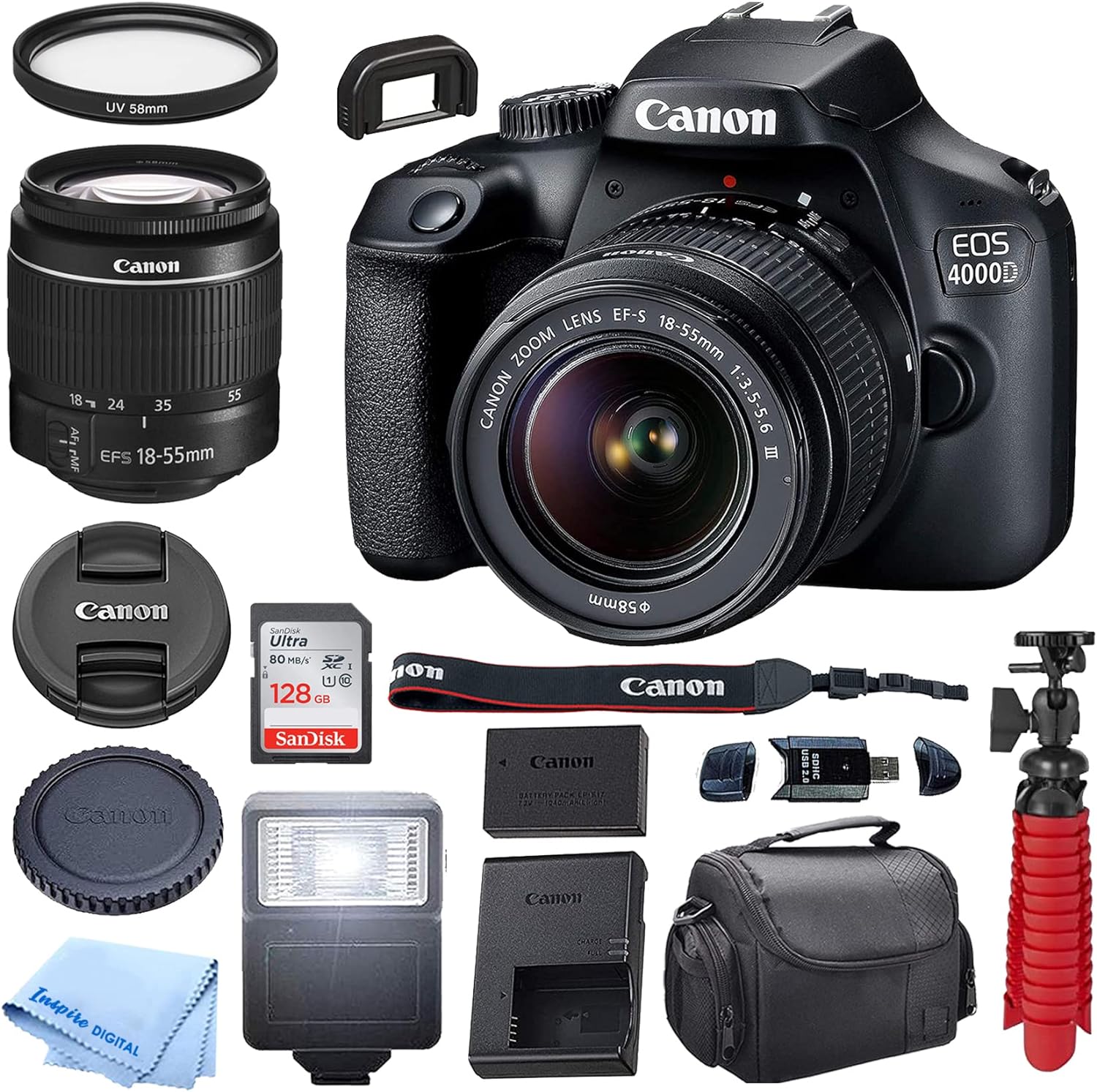 Canon-EOS-4000D-DSLR-Camera-wCanon-EF-S-18-55mm-F3.5-5.6-III-Zoom-Lens-Case-128GB-SD-Card-Inspire-Digital-Cloth-15pc-Bundle-Renewed.jpg Canon EOS 4000D DSLR Camera w/Canon EF-S 18-55mm F/3.5-5.6 III Zoom Lens + Case + 128GB SD Card + Inspire Digital Cloth (15pc Bundle) (Renewed) - Image 2