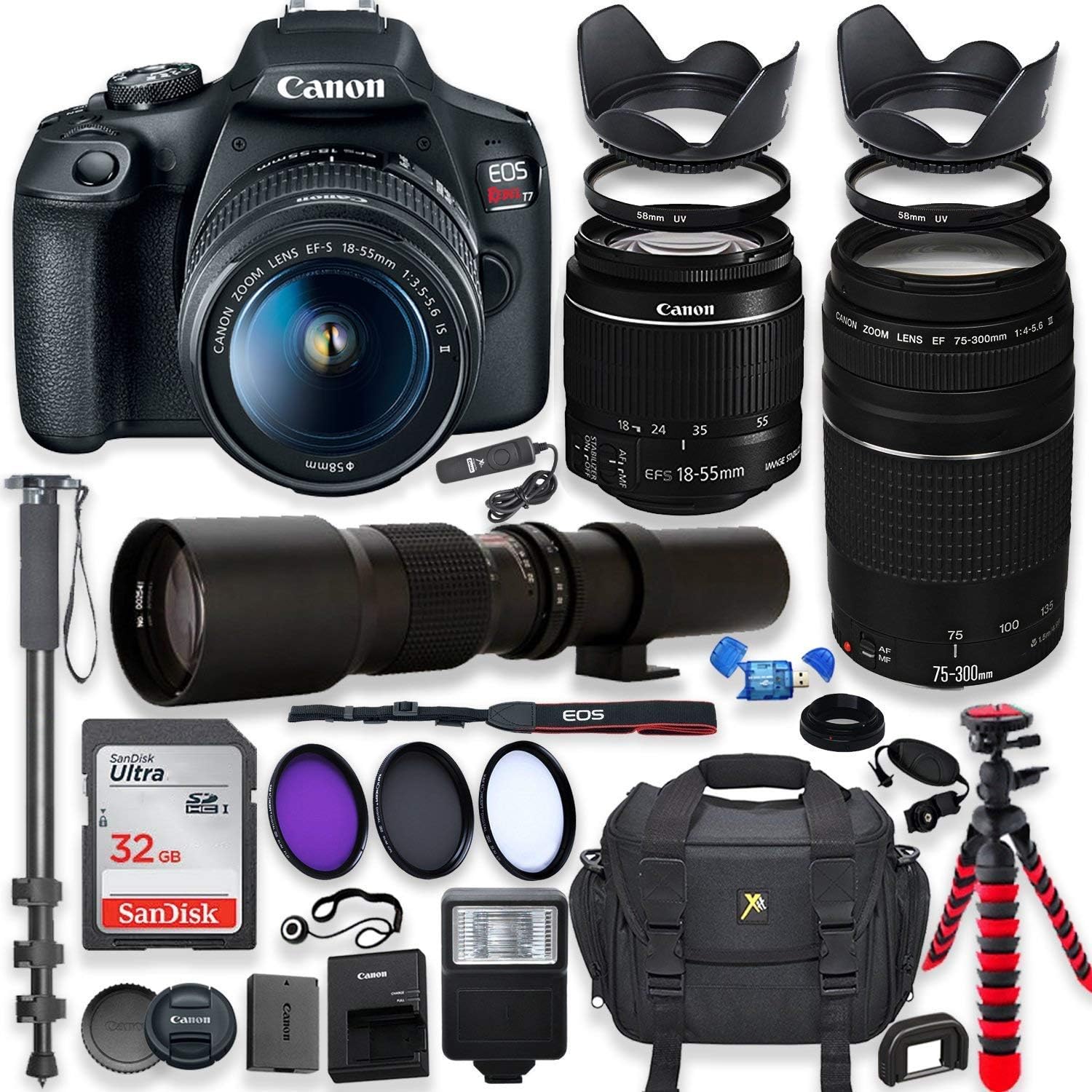 Canon-EOS-Rebel-T7-DSLR-Camera-with-18-55mm-is-II-Lens-Canon-EF-75-300mm-f4-5.6-III-Lens-and-500mm-Preset-Lens-32GB-Memory-Filters-Monopod-Professional-Bundle-Renewed.jpg Canon EOS Rebel T7 DSLR Camera with 18-55mm is II Lens + Canon EF 75-300mm f/4-5.6 III Lens and 500mm Preset Lens + 32GB Memory + Filters + Monopod + Professional Bundle (Renewed) - Image 2