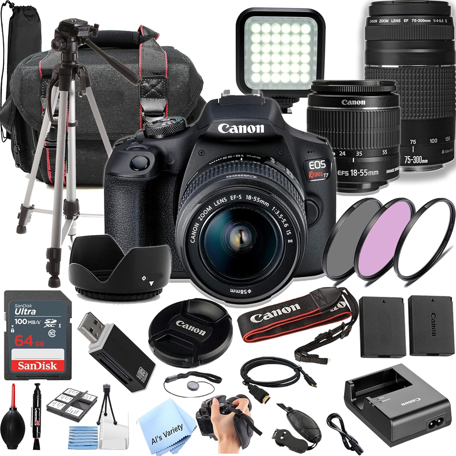 Canon-EOS-Rebel-T7-DSLR-Camera2-Lens-Kit-with-EF18-55mm-EF-75-300mm-Lens-64Gb-Memory-LED-Video-Light-Case-Tripod-Filters-Grip-More32pc-Bundle-Renewed.jpg Canon EOS Rebel T7 DSLR Camera|2 Lens Kit with EF18-55mm + EF 75-300mm Lens + 64Gb Memory, LED Video Light, Case, Tripod, Filters, Grip & More(32pc Bundle) (Renewed) - Image 2