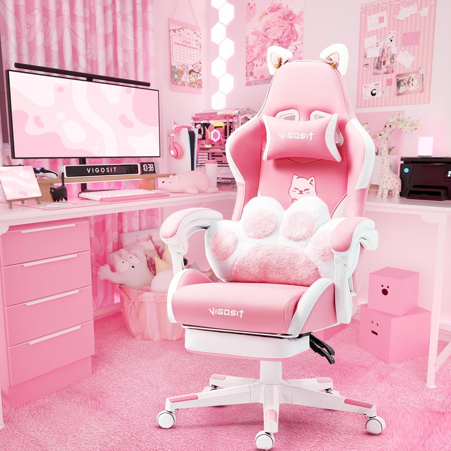 Cat-Ears-PU-Leather-Gaming-Chair-Ergonomic-Adjustable-Office-Desk-Computer-Chairs-for-Gamers-Adults-Kids-360-Degree-Swivel-Recliner-45in-Height-Pink.jpg Cat Ears PU Leather Gaming Chair Ergonomic Adjustable Office Desk Computer Chairs for Gamers Adults Kids 360 Degree Swivel Recliner 45in Height, Pink - Image 2