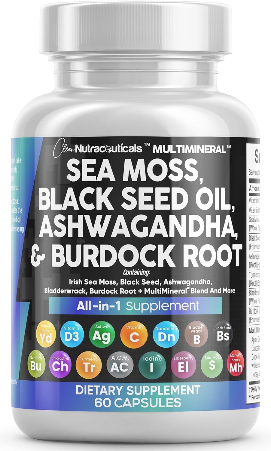 Clean-Nutraceuticals-Sea-Moss-Black-Seed-Oil-Ashwagandha-Turmeric-Bladderwrack-Burdock-Vitamin-C-Vitamin-D3-with-Elderberry-Manuka-Dandelion-Yellow-Dock-Iodine-Chlorophyll-ACV.jpg Clean Nutraceuticals Sea Moss Black Seed Oil Ashwagandha Turmeric Bladderwrack Burdock & Vitamin C Vitamin D3 with Elderberry Manuka Dandelion Yellow Dock Iodine Chlorophyll ACV - Image 2