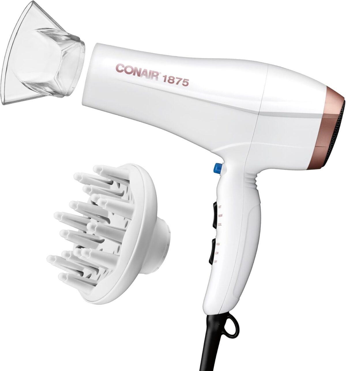 Conair Double Ceramic Hair Dryer, 1875W Blow Dryer with Diffuser and Concentrator, Ionic Conditioning, 3 Heat & 2 Speed Settings, Amazon Exclusive, White - Image 2
