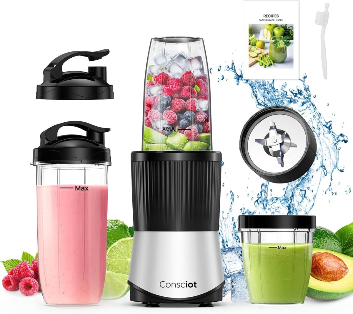 Consciot CB08 11-Piece Blender for Kitchen and Personal Size, Blend Shakes and Smoothies, Frozen Drinks, Baby Food, Spreads & More, 3 Portable To-Go Cups & 2 Spout Lids & 1 Solid Lid, 900 Peak Watts - Image 2