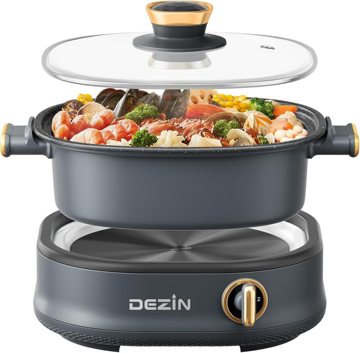 Dezin Electric Shabu Shabu Pot - 3L Non-Stick Hot Pot with Dual-Power Control, Tempered Glass Lid for Parties and Gatherings - Image 2