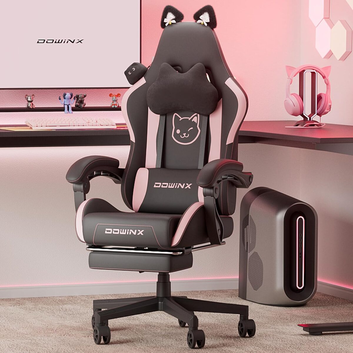 Dowinx Gaming Chair Cute with Cat Ears and Massage Lumbar Support, Ergonomic Computer Chair for Girl with Footrest and Headrest, Comfortable Reclining Game Chair 290lbs for Adult, Teen, Black - Image 2