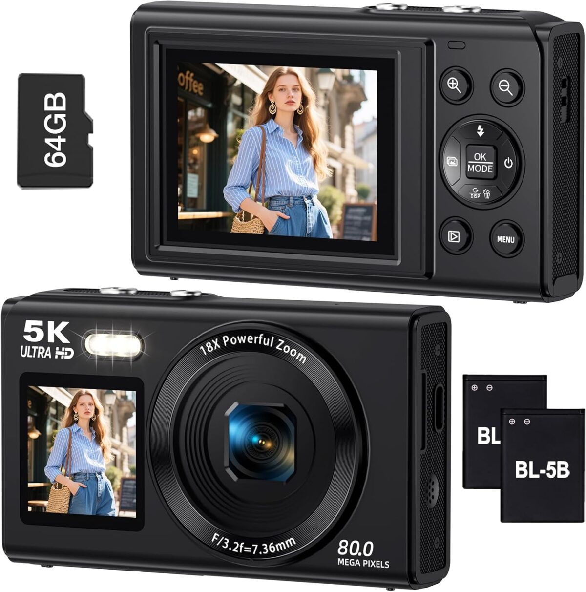 Dual Screen 5K Digital Camera for Vlogging, 80MP WiFi Camera with Front Display, 18X Zoom, Fill Light, Includes 64GB Card & 2 Batteries - Image 2