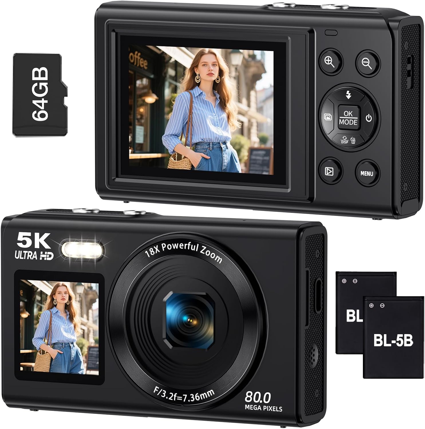 Dual-Screen-5K-Digital-Camera-for-Vlogging-80MP-WiFi-Camera-with-Front-Display-18X-Zoom-Fill-Light-Includes-64GB-Card-2-Batteries.jpg Dual Screen 5K Digital Camera for Vlogging, 80MP WiFi Camera with Front Display, 18X Zoom, Fill Light, Includes 64GB Card & 2 Batteries - Image 2
