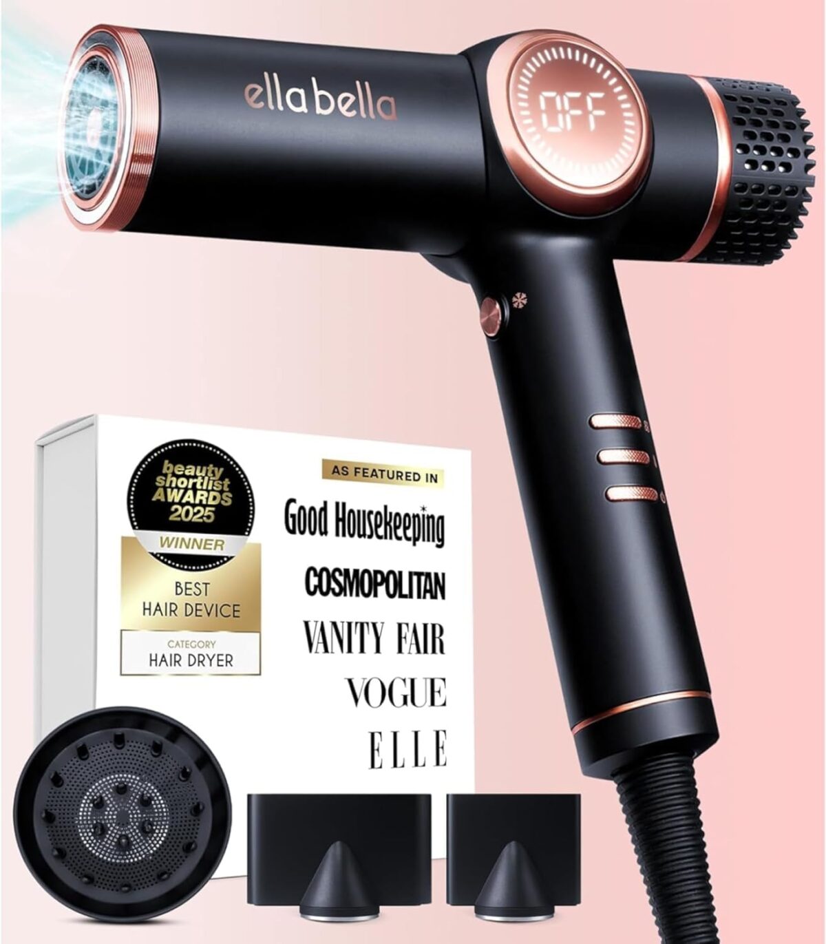 ELLA BELLA® Professional Ionic Hair Dryer with Diffuser • Negative Ion Blow Dryer • Suitable All Hair Types • Intelligent Heat Control & Rapid Drying Speeds • Lightweight Design • Low Noise Technology - Image 2