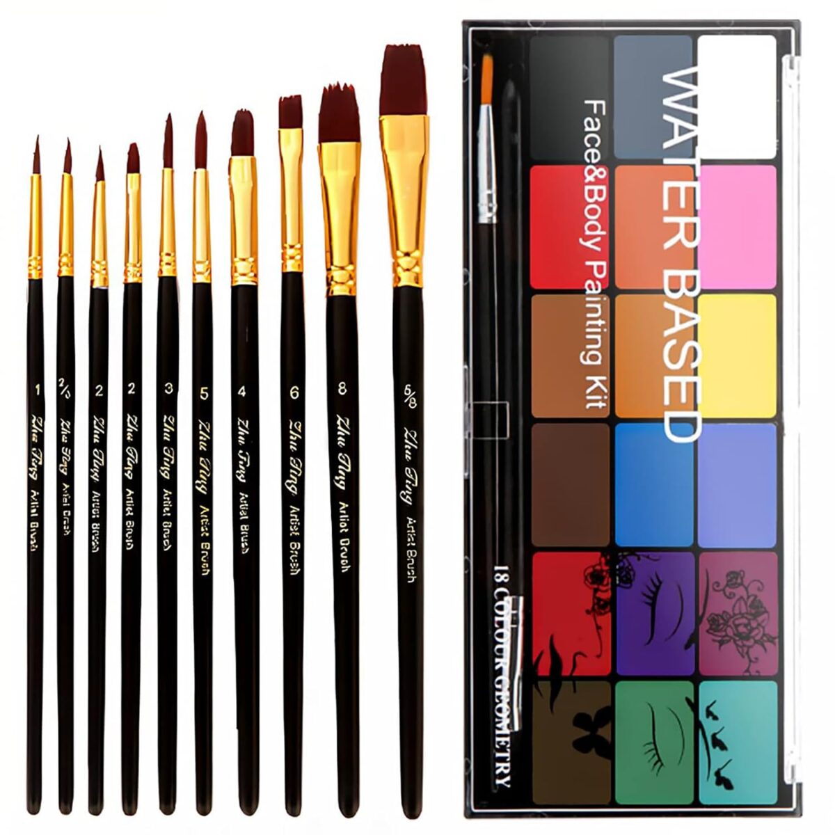 Face Painting Kit Non-toxic Body Paint Washable 18 Colors Facepaint Makeup Kit for Adults with 10 Face Paint Brushes for Halloween Party Cosplay Makeup (Color 001) - Image 2