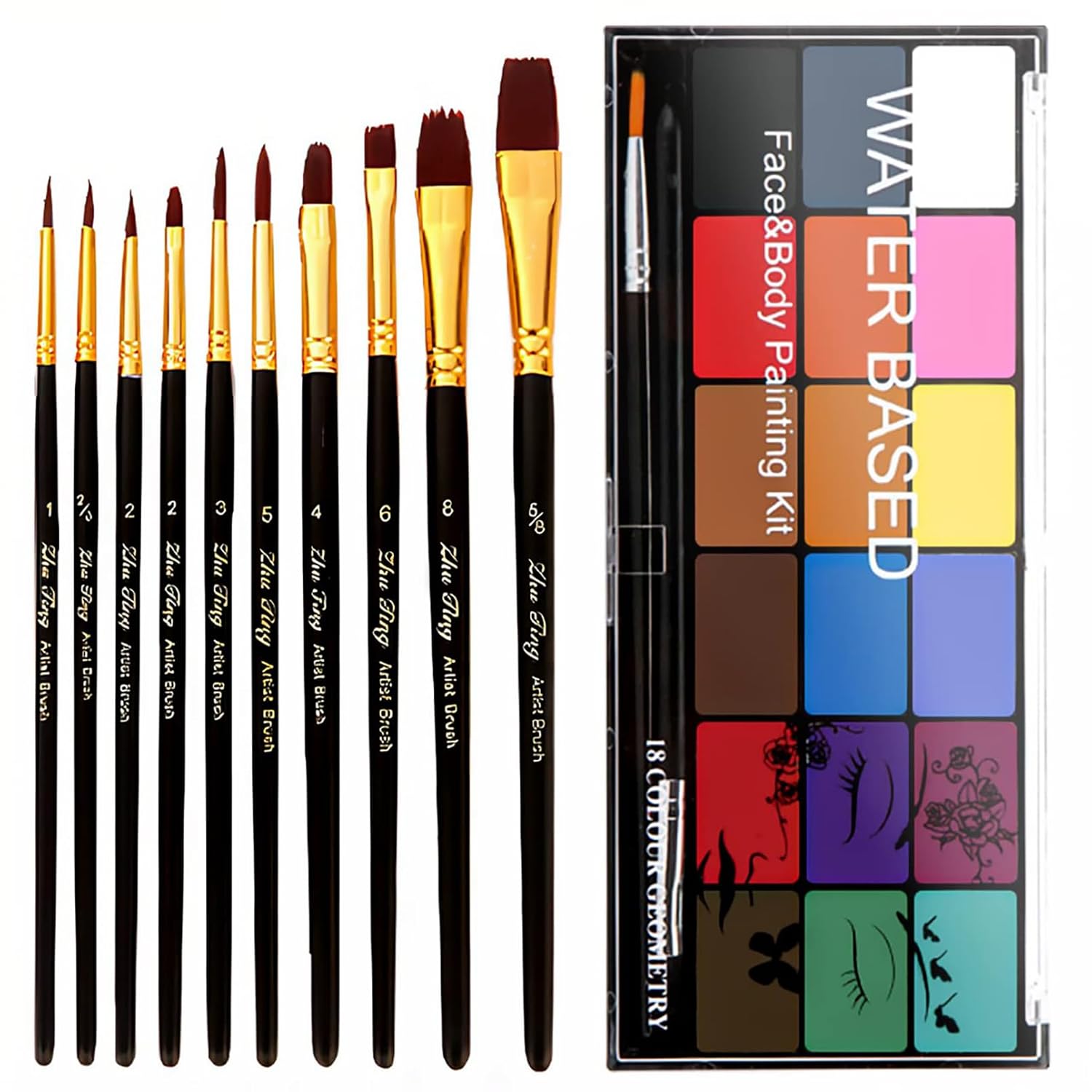 Face-Painting-Kit-Non-toxic-Body-Paint-Washable-18-Colors-Facepaint-Makeup-Kit-for-Adults-with-10-Face-Paint-Brushes-for-Halloween-Party-Cosplay-Makeup-Color-001.jpg Face Painting Kit Non-toxic Body Paint Washable 18 Colors Facepaint Makeup Kit for Adults with 10 Face Paint Brushes for Halloween Party Cosplay Makeup (Color 001) - Image 2