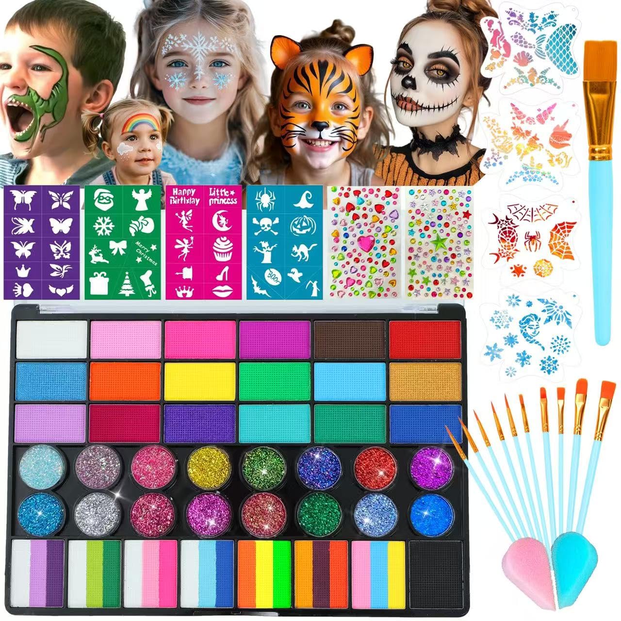 Face-Painting-Kit-for-Kids-42-Colors-Professional-Face-Paint-Makeup-Kit-Non-Toxic-Water-Activated-Facepaint-Pallette-with-Brushes-Stencils-Sponge-Gems-for-Party-Cosplay-Halloween-42-Colors.jpg Face Painting Kit for Kids, 42 Colors Professional Face Paint Makeup Kit Non-Toxic Water Activated Facepaint Pallette with Brushes, Stencils, Sponge, Gems, for Party Cosplay Halloween (42 Colors) - Image 2