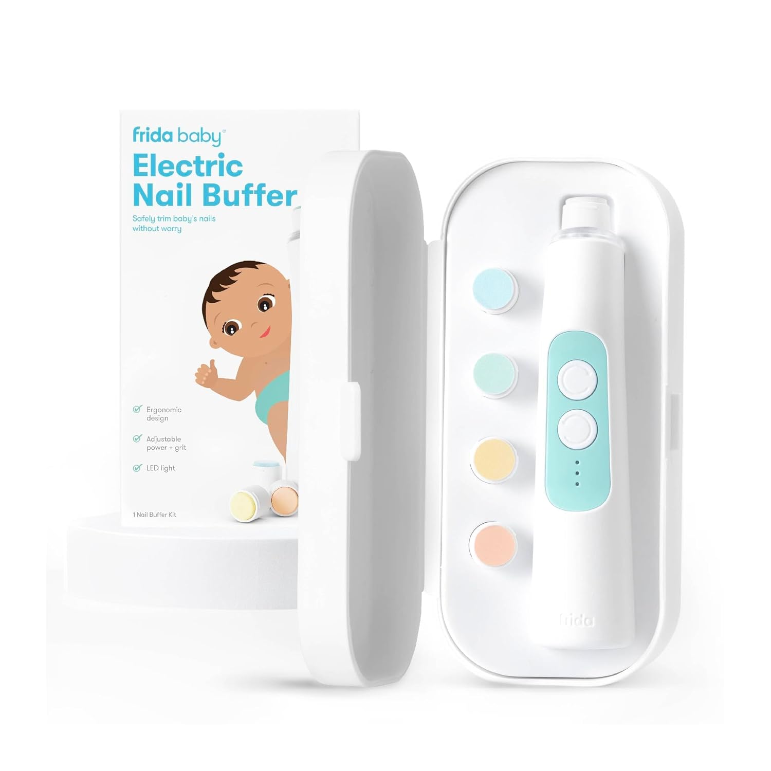 Frida-Baby-Electric-Nail-Buffer-Safe-Easy-Baby-Nail-File-Baby-Nail-Clippers-Nail-Trimmer-Kit-for-Newborn-Toddler-Childrens-FingernailsToenails-4-Buffer-Pads-LED-Light-Storage-Case-White.jpg Frida Baby Electric Nail Buffer | Safe + Easy Baby Nail File, Baby Nail Clippers + Nail Trimmer Kit for Newborn, Toddler, Children's Fingernails/Toenails, 4 Buffer Pads, LED Light, Storage Case, White - Image 2