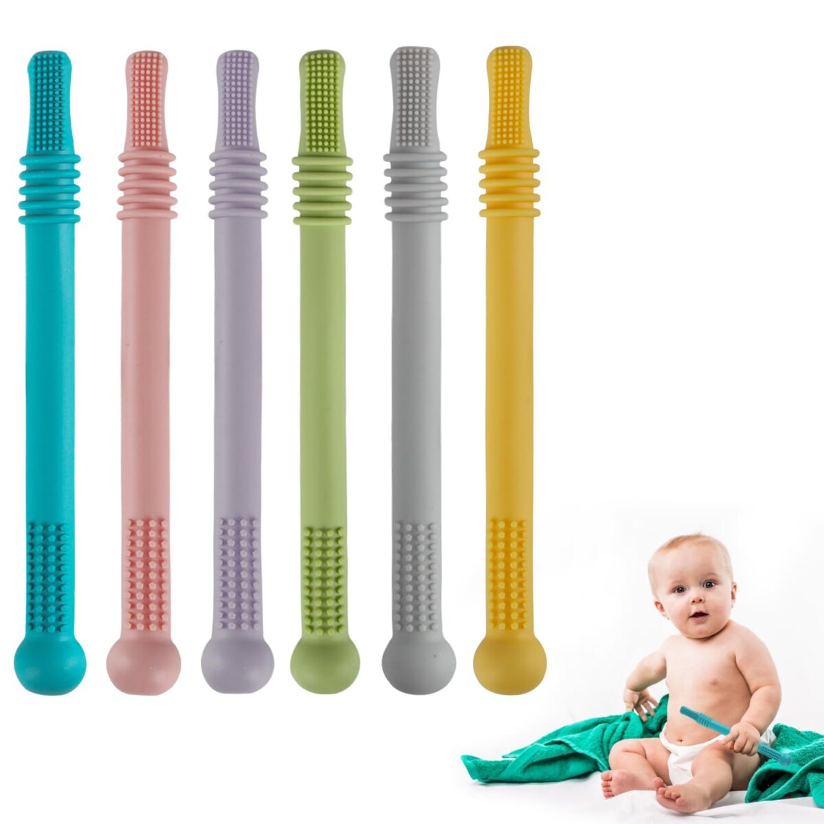 Fu Store Hollow Teether Tube Chew Straw Sensory Toy for Infant Toddlers Silicone Tubes Teething Toys for Babies 18-36 Months Gifts Learning Developmental Toys BPA Free Freezable 6 Pack - Image 2