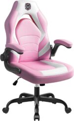 Gaming Chair, Leather High-Back Home Office Desk Chair with Flip-Up Arms, Ergonomic Padded Rolling Wheels Swivel Tilt Gamer Computer Chair with Comfy Lumbar Support, Height Adjustable, Pink - Image 2