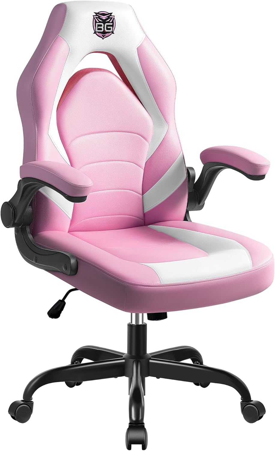 Gaming-Chair-Leather-High-Back-Home-Office-Desk-Chair-with-Flip-Up-Arms-Ergonomic-Padded-Rolling-Wheels-Swivel-Tilt-Gamer-Computer-Chair-with-Comfy-Lumbar-Support-Height-Adjustable-Pink.jpg Gaming Chair, Leather High-Back Home Office Desk Chair with Flip-Up Arms, Ergonomic Padded Rolling Wheels Swivel Tilt Gamer Computer Chair with Comfy Lumbar Support, Height Adjustable, Pink - Image 2