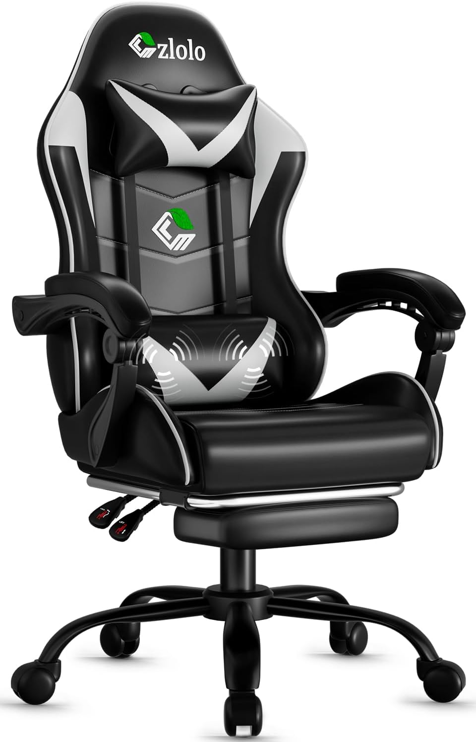 Gaming-Chair-with-Footrest-Racing-Style-Lumbar-Support-Massager-Video-Game-Chair-with-Metal-Legs-High-Back-Reclining-Gamer-Chair-with-Headrest-360°-Swivel-Office-Computer-Desk-Chair-White.jpg Gaming Chair with Footrest Racing Style Lumbar Support Massager Video Game Chair with Metal Legs, High Back Reclining Gamer Chair with Headrest, 360° Swivel Office Computer Desk Chair (White) - Image 2