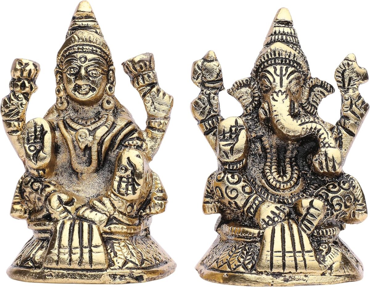 Ganesh Laxmi Statue Lord Ganesha Lakshmi Murti for Puja Home Temple Mandir Indian Traditional Festival Laxmi Poojan Diwali Decorations Pooja Ganpati Lakshmi Sculpture Showpiece(Size:-3"X1.5")(Golden) - Image 2