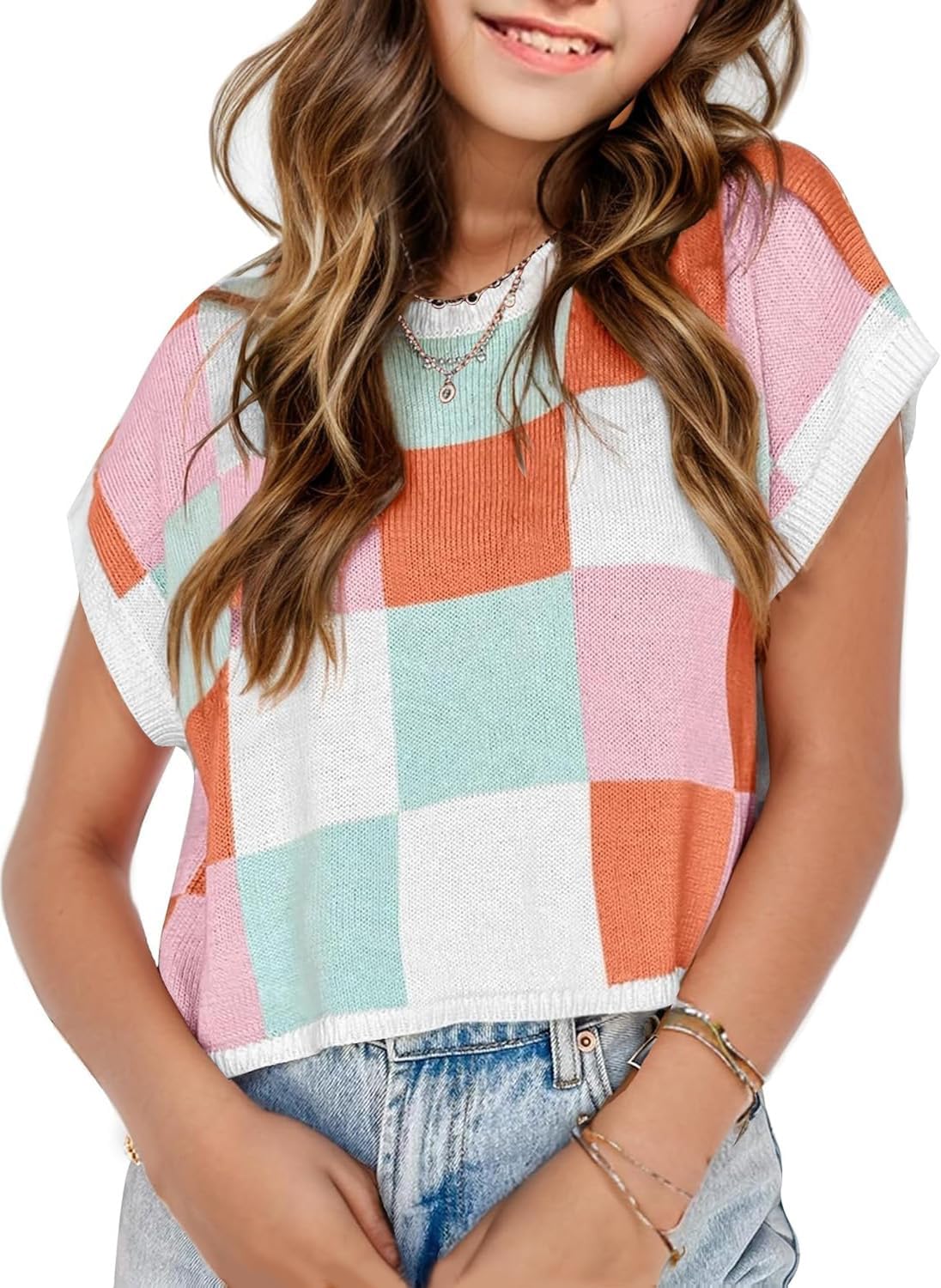 Girls-Fall-Crop-Tops-2025-Cute-Cap-Sleeve-Spring-Summer-Colorblock-Loose-Kids-Knit-Winter-Sweaters-Top.jpg Girls Fall Crop Tops 2025 Cute Cap Sleeve Spring Summer Colorblock Loose Kids Knit Winter Sweaters Top - Image 2