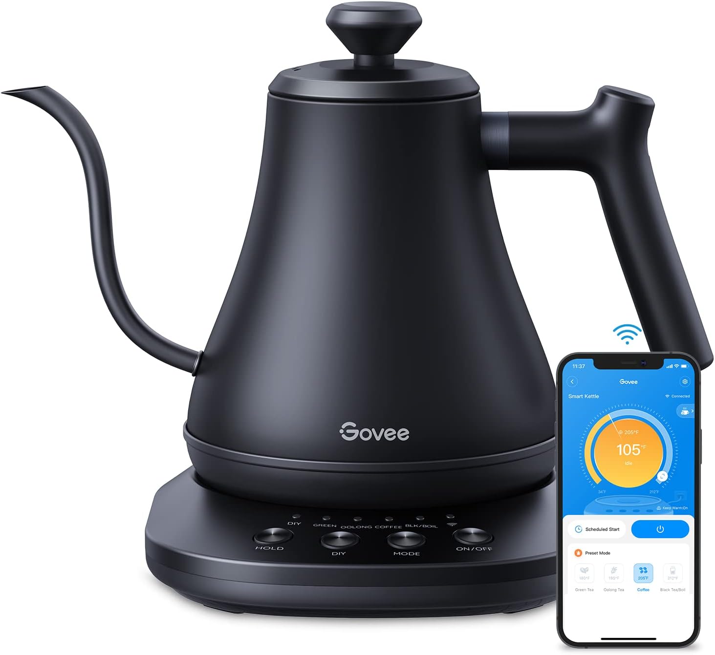 Govee-Smart-Electric-Kettle-WiFi-Variable-Temperature-Gooseneck-Pour-Over-Kettle-and-Tea-Kettle-Alexa-Control-1200W-Quick-Heating-100-Stainless-Steel-0.8L-Matte-Black.jpg Govee Smart Electric Kettle, WiFi Variable Temperature Gooseneck Pour Over Kettle and Tea Kettle, Alexa Control, 1200W Quick Heating, 100% Stainless Steel, 0.8L, Matte Black - Image 2