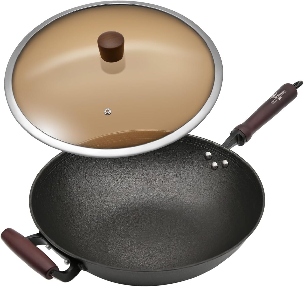 HONGJIANG Cast Iron Wok Pan, 14.2" Pre-Seasoned Flat Bottom Wok,Coating-Free Wok Stir Fry Pan With Glass Lid,Compatible Traditional Chinese Wok For Induction, Electric, Gas,Open Fire - Image 2