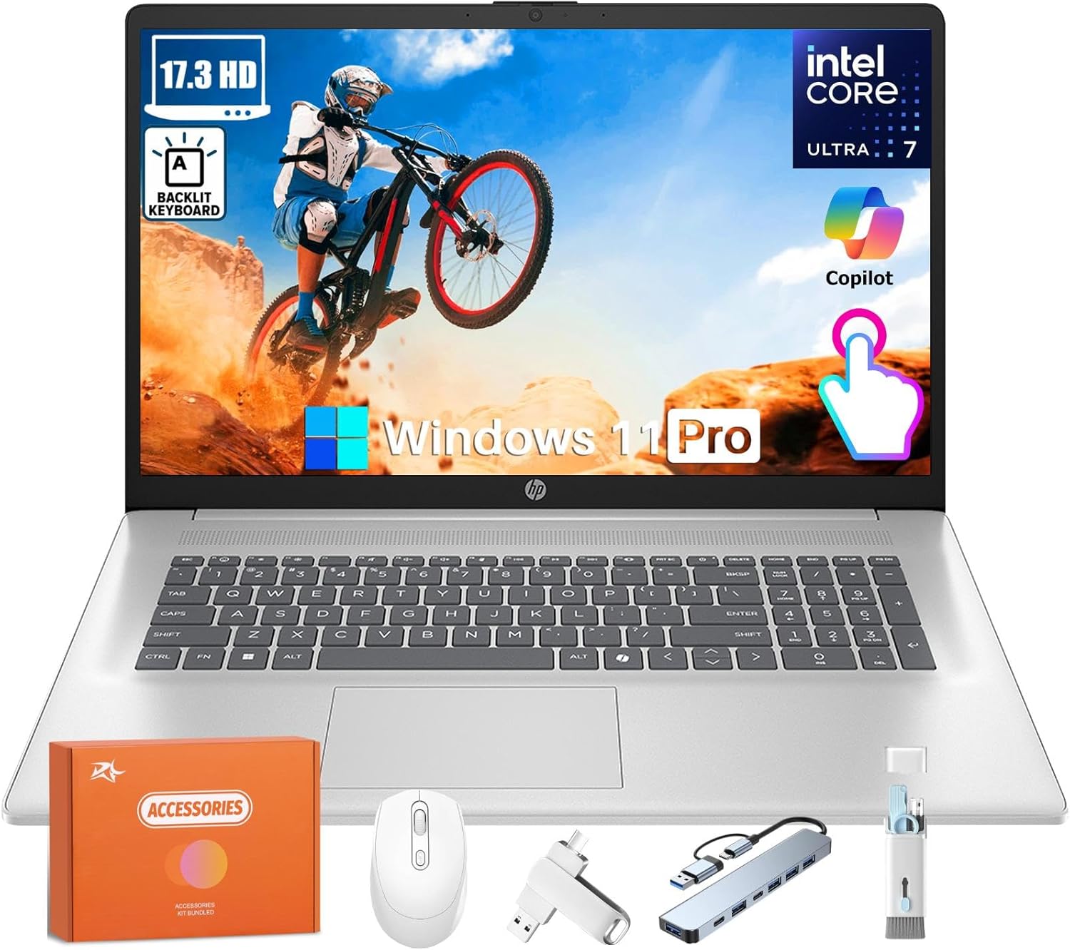 HP-Business-Touchscreen-Laptop-17-inch-Intel-Ultra-7-255U-Intel-AI-Boost-12-NPU-TOPS-64-GB-DDR5-2-TB-SSD-17.3-HD-Touchscreen-Backlit-Keyboard-Wi-Fi-6-Copilot-Windows-11-Pro-wAccessories.jpg HP Business Touchscreen Laptop 17 inch, Intel Ultra 7 255U, Intel AI Boost (12 NPU TOPS), 64 GB DDR5, 2 TB SSD, 17.3" HD+ Touchscreen, Backlit Keyboard, Wi-Fi 6, Copilot, Windows 11 Pro, w/Accessories - Image 2