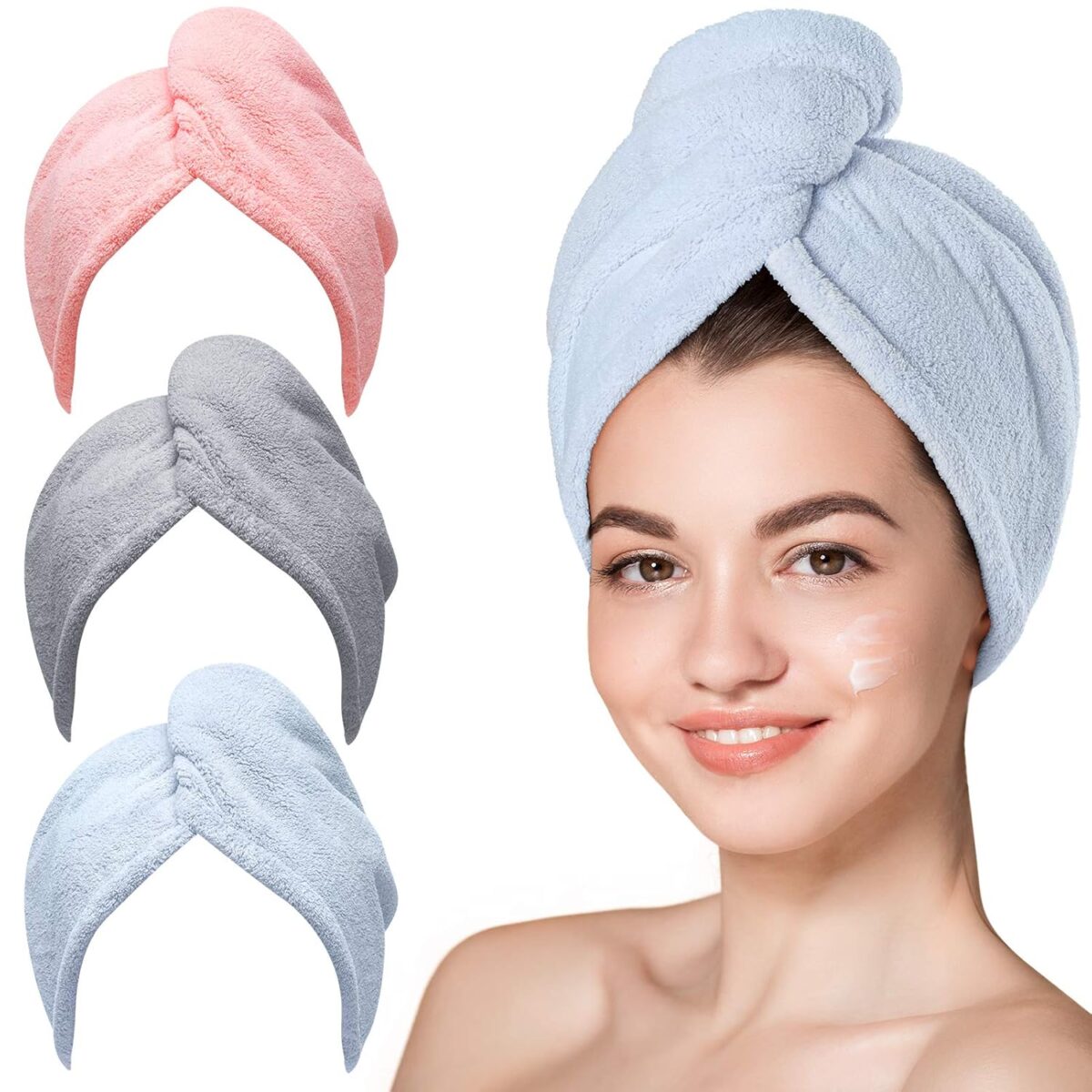 Hicober Microfiber Hair Towel,Turbans for Drying Wet Hair, Anti Frizz Hair Wrap Towels for Curly Hair Women (Blue,Grey,Pink) , 3 packs - Image 2