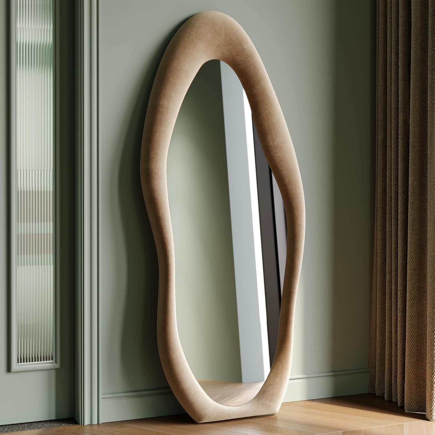Honyee-Full-Length-Mirror-63-x-24-Wall-Mirror-Flannel-Wrapped-Wooden-Frame-Floor-Mirror-Irregular-Wavy-Mirror-Hanging-or-Leaning-Against-Wall-for-CloakroomBedroomLiving-Room-Milk-Tea.jpg Honyee Full Length Mirror, 63" x 24" Wall Mirror, Flannel Wrapped Wooden Frame Floor Mirror, Irregular Wavy Mirror Hanging or Leaning Against Wall for Cloakroom/Bedroom/Living Room, Milk Tea - Image 2