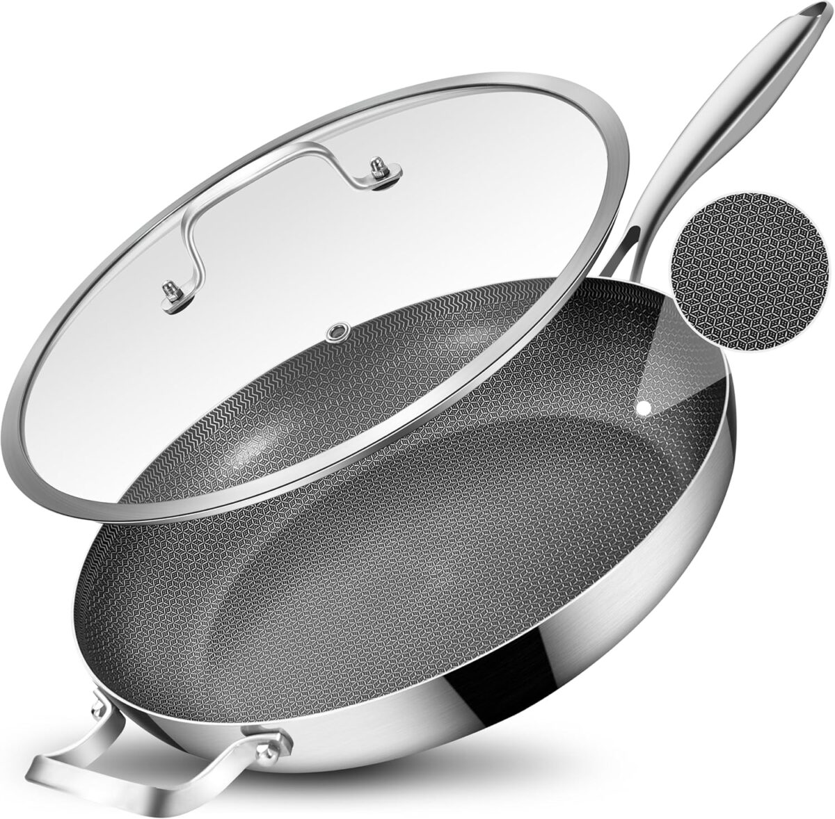 Inqibee 13-Inch Tri-Ply Hybrid Ceramic Non Stick Stainless Steel Frying Pan with Lid,Large Skillet,Induction Chef's Cooking Pan,Dishwasher and Oven Safe,Detachable Handle - Image 2