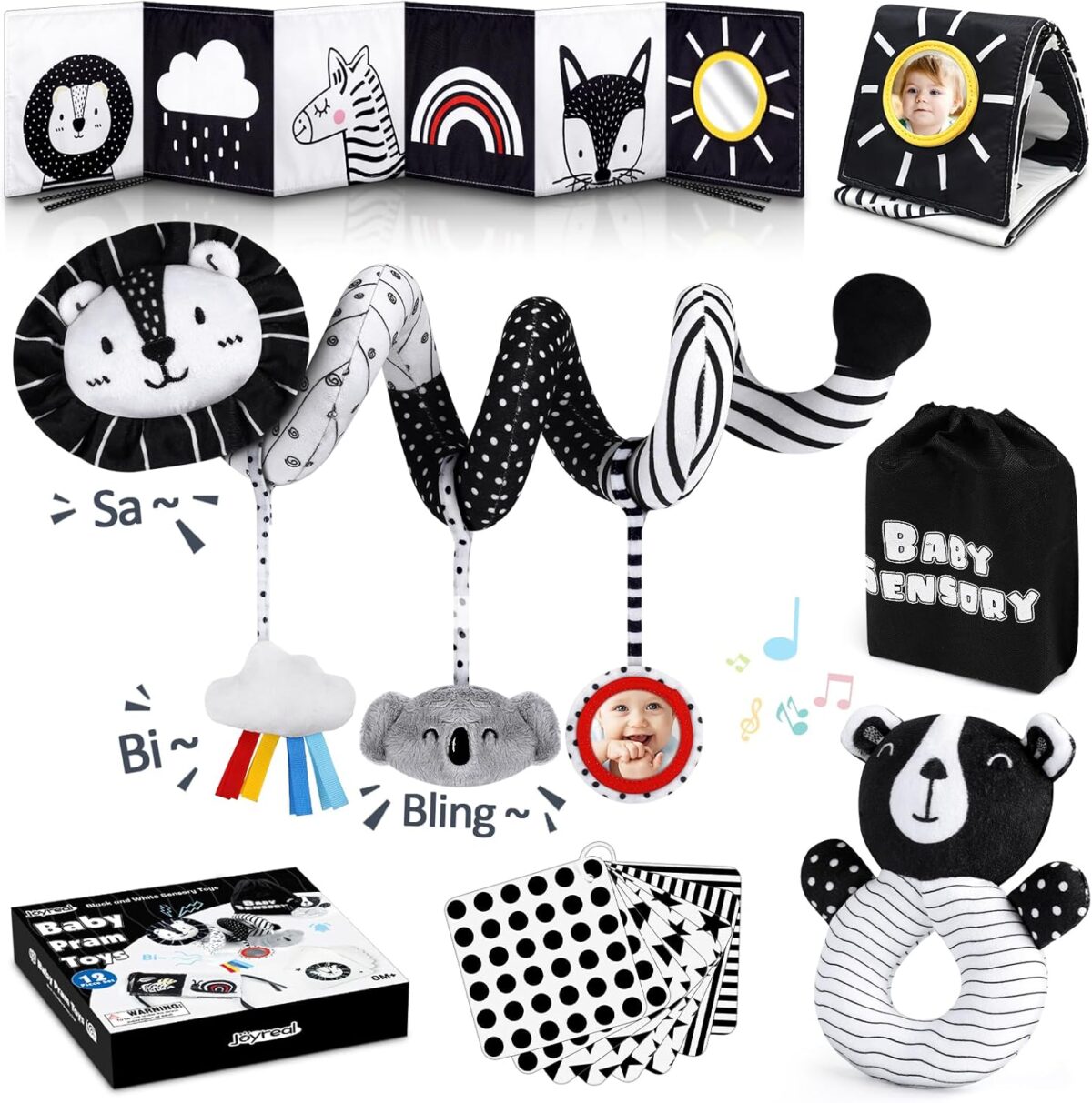 Joyreal High Contrast Baby Toys for Newborn, Black and White Baby Sensory Toys with Car Seat Toys,Infant Toys with Black White Cards Book, Montessori Toys for Baby Gifts - Image 2