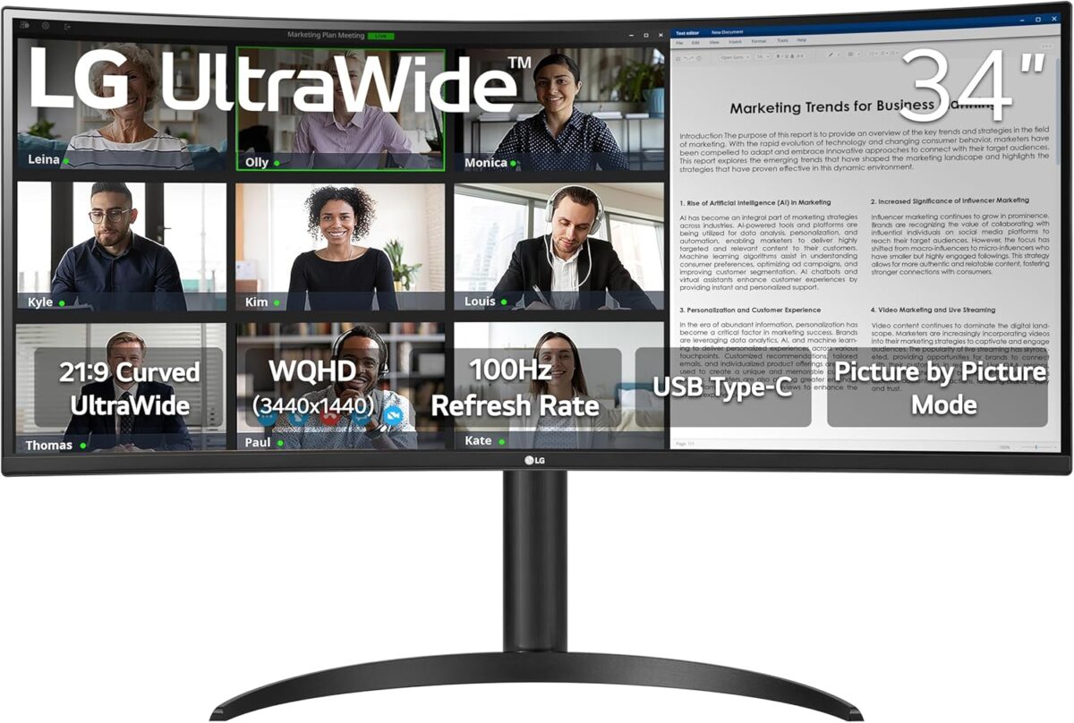 LG 34WR55QK-B 34-inch UltraWide WQHD (3440 x 1440) Curved Computer Monitor, 100Hz, 5ms, HDR10, Reader Mode, HDMI, DisplayPort, USB Type-C, Tilt/Height Adjustable Stand, Black - Image 2