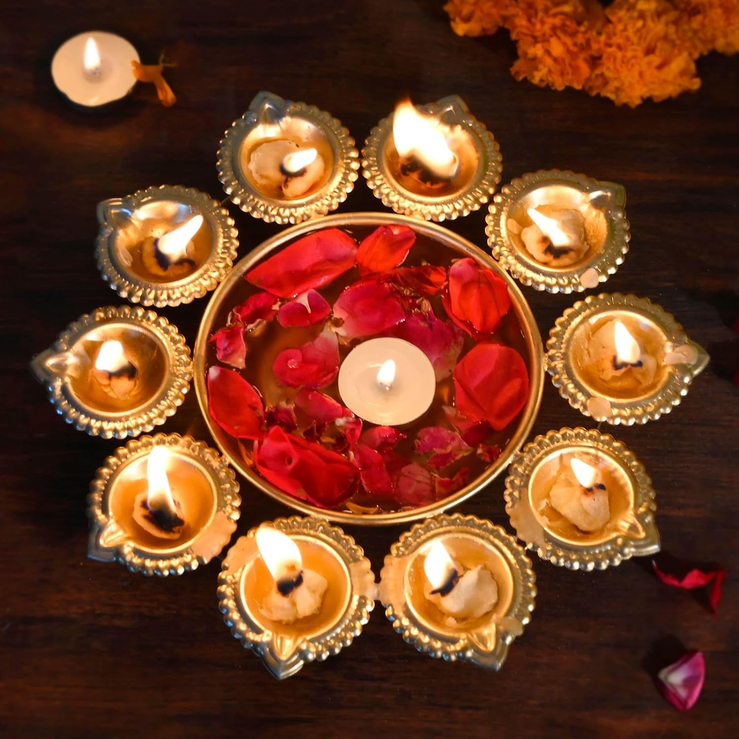 LOVENSPIRE-Urli-Bowl-Brass-Finished-Diya-Shape-Flower-Decorative-Urli-Bowl-for-Floating-Flowers-Tea-Light-Candles-Home-Office-Table-Decor-Diwali-Decoration-Indian-Showpiece-Items-10-Diyas.jpg LOVENSPIRE Urli Bowl Brass Finished Diya Shape Flower Decorative Urli Bowl for Floating Flowers Tea Light Candles Home Office Table Decor Diwali Decoration Indian Showpiece Items (10 Diyas) - Image 2