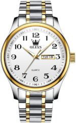 Men's Casual Stainless Steel Watch, Big Face Easy to Read Analog Quartz Watch with Day and Date, Classic Waterproof Diamond Roman Arabic Numerals Dial Dress Watch for Men, Gold Silver Black Band - Image 2
