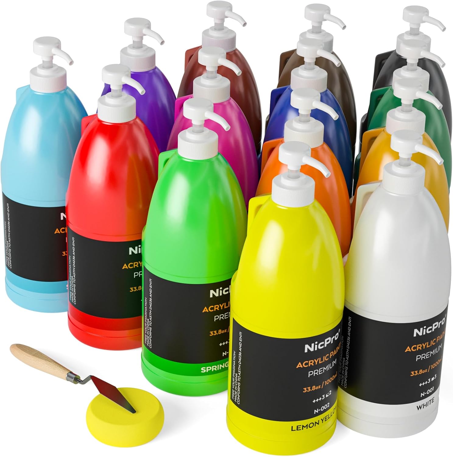 Nicpro-14-Colors-Large-Bulk-Acrylic-Paint-Set-33.8-oz-1000-ml-Rich-Art-Painting-Supplies-Non-Toxic-for-Multi-Surface-Canvas-Wood-Leather-Fabric-Stone-Craft-for-Kid-Adult-with-Pump-Color-Wheel.jpg Nicpro 14 Colors Large Bulk Acrylic Paint Set (33.8 oz, 1000 ml) Rich Art Painting Supplies, Non Toxic for Multi Surface Canvas Wood Leather Fabric Stone Craft, for Kid & Adult with Pump, Color Wheel - Image 2