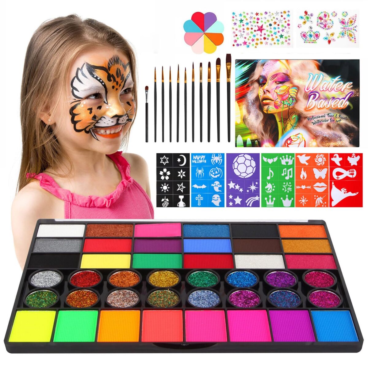 Non-Toxic Easy Face Painting Kits for Kids, Complete Painting Kit of 42 Vibrant Colors with Brushes Sponges Stencils Glitter Gems, Water-activated Make up Set for Halloween Birthday Party - Image 2