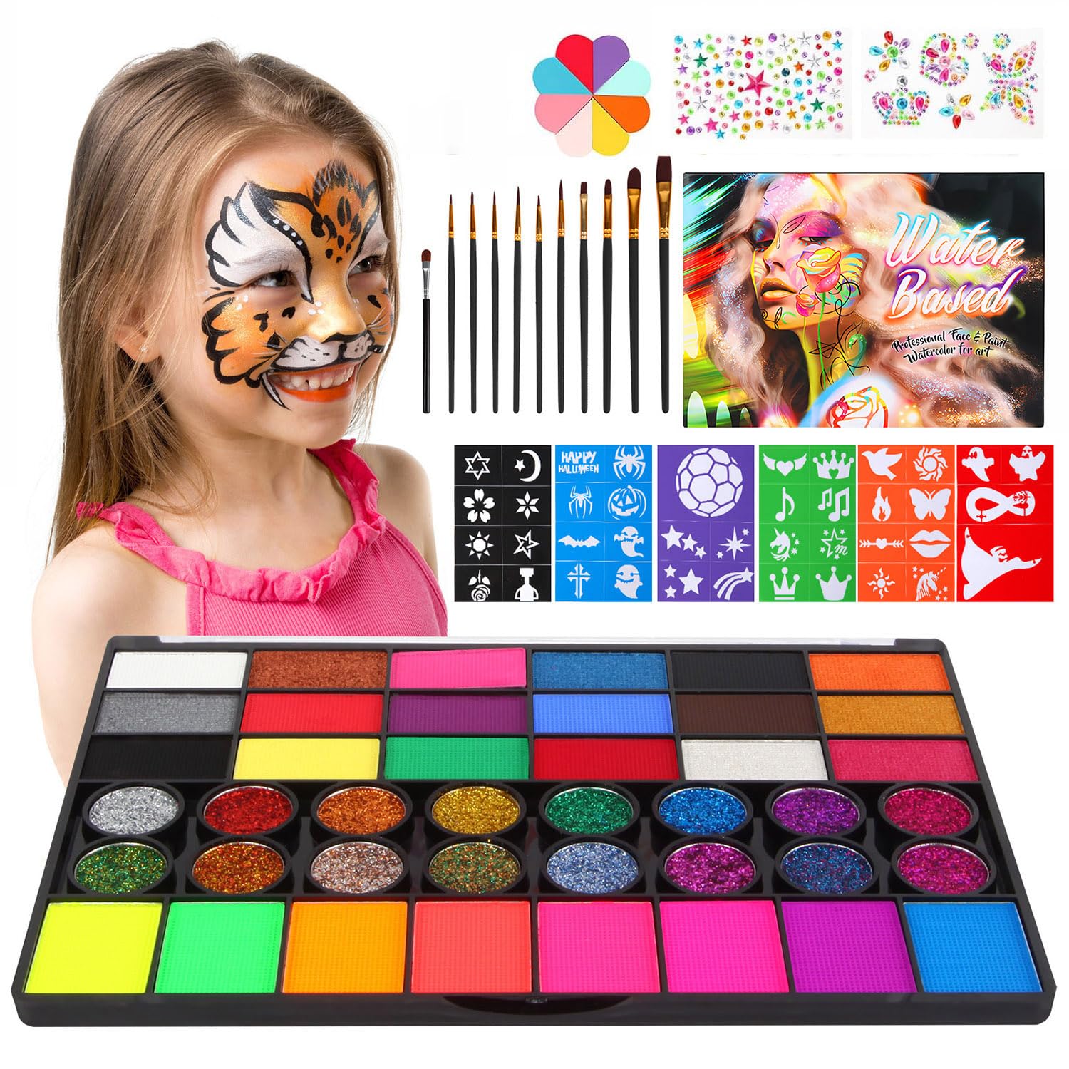 Non-Toxic-Easy-Face-Painting-Kits-for-Kids-Complete-Painting-Kit-of-42-Vibrant-Colors-with-Brushes-Sponges-Stencils-Glitter-Gems-Water-activated-Make-up-Set-for-Halloween-Birthday-Party.jpg Non-Toxic Easy Face Painting Kits for Kids, Complete Painting Kit of 42 Vibrant Colors with Brushes Sponges Stencils Glitter Gems, Water-activated Make up Set for Halloween Birthday Party - Image 2