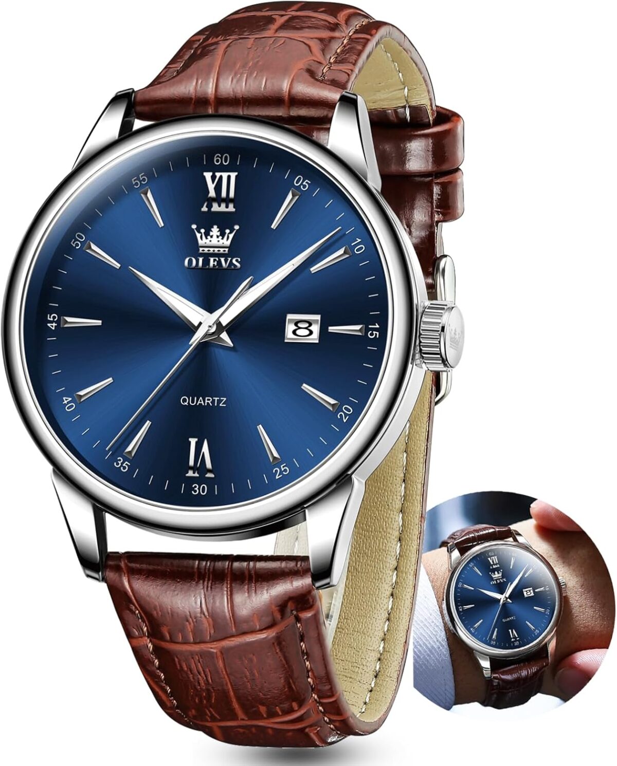 OLEVS Men Leather Watch,Mens Wrist Watches,Big Face Watches for Men,Leather Band Watches for Men,Day Date Watches for Men,Waterproof Watches for Men,Men Classic Watch,Reloj para Hombres - Image 2